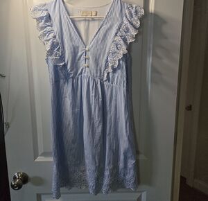 LOFT Light Blue Button-Front Striped Dress